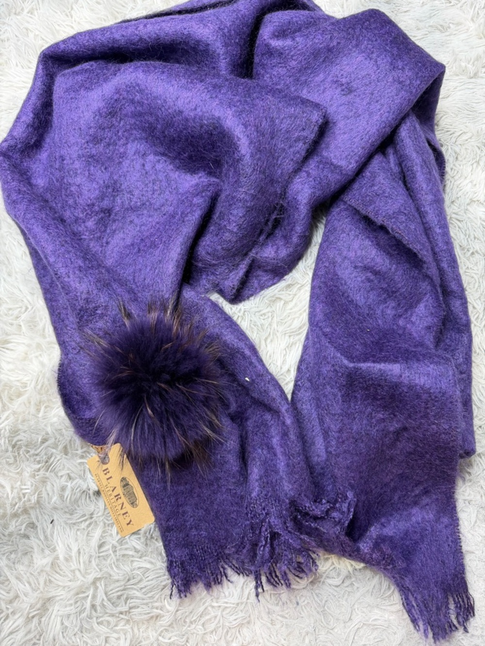 Blarney Woolen Mills Blarney Heritage Purple Mohair Blend Scarf Pom Fringe NWT